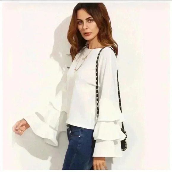Eggshell White Layered Ruffle Sleeve Waist Top - Picture 3 of 5